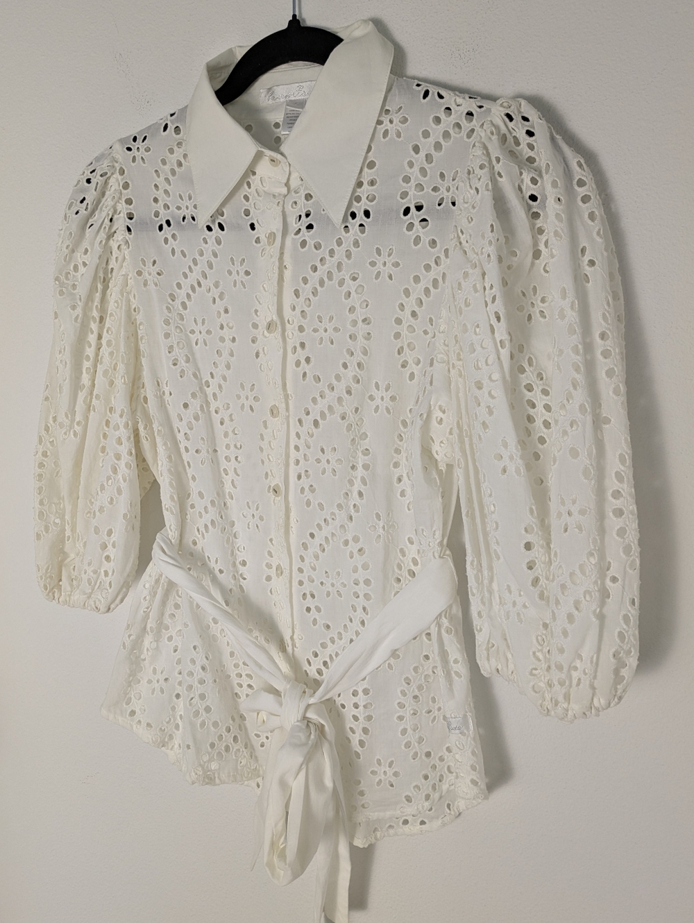 Kamiseta Eyelet Button Down Top Blouse Cream Sz S Puff Sleeve Romantic Lace EUC - Picture 2 of 14